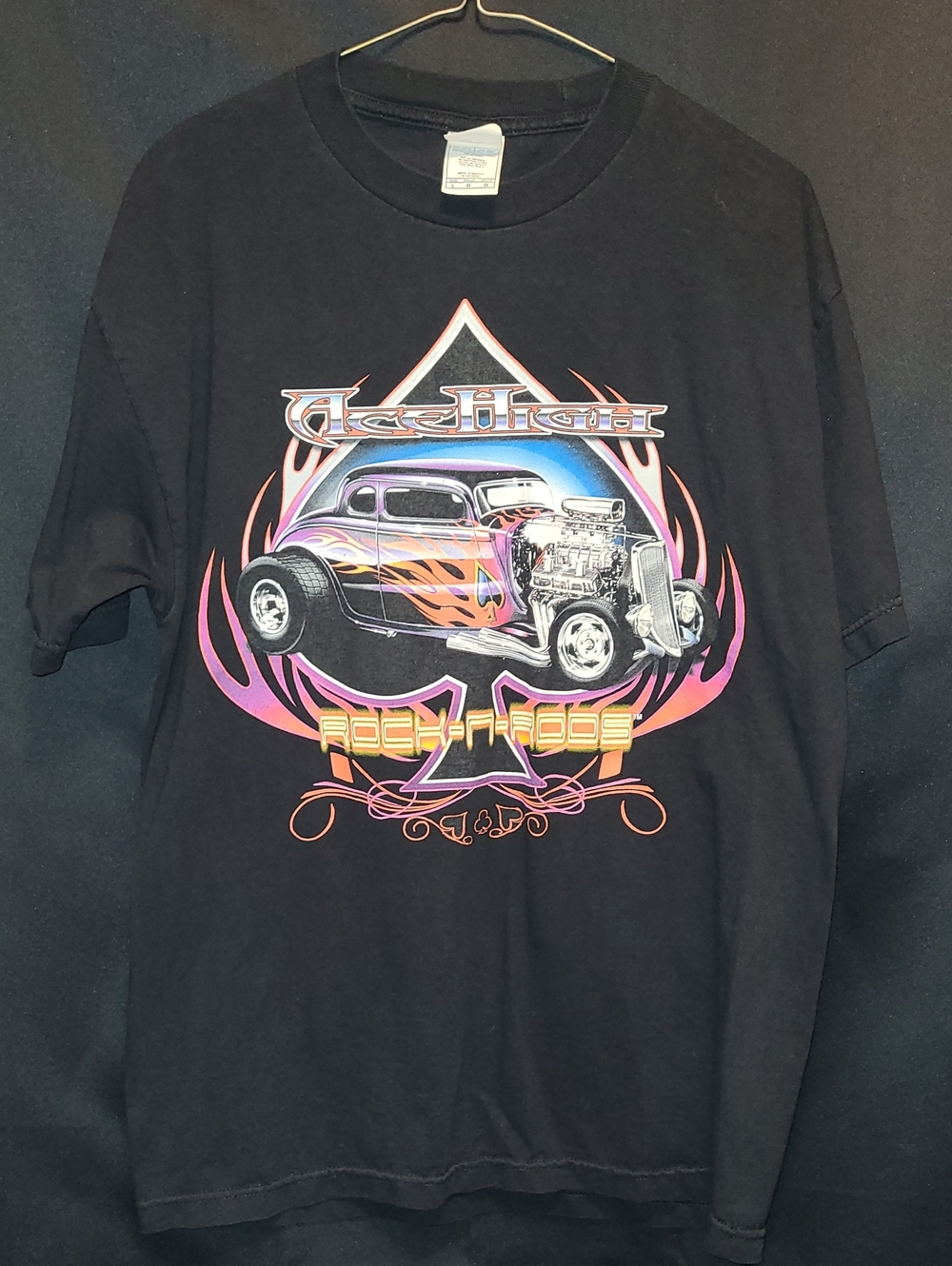 ACE High Rock N' Rods Black  Tee with Pink & Purple HOT ROD Car Art Vintage SZ L